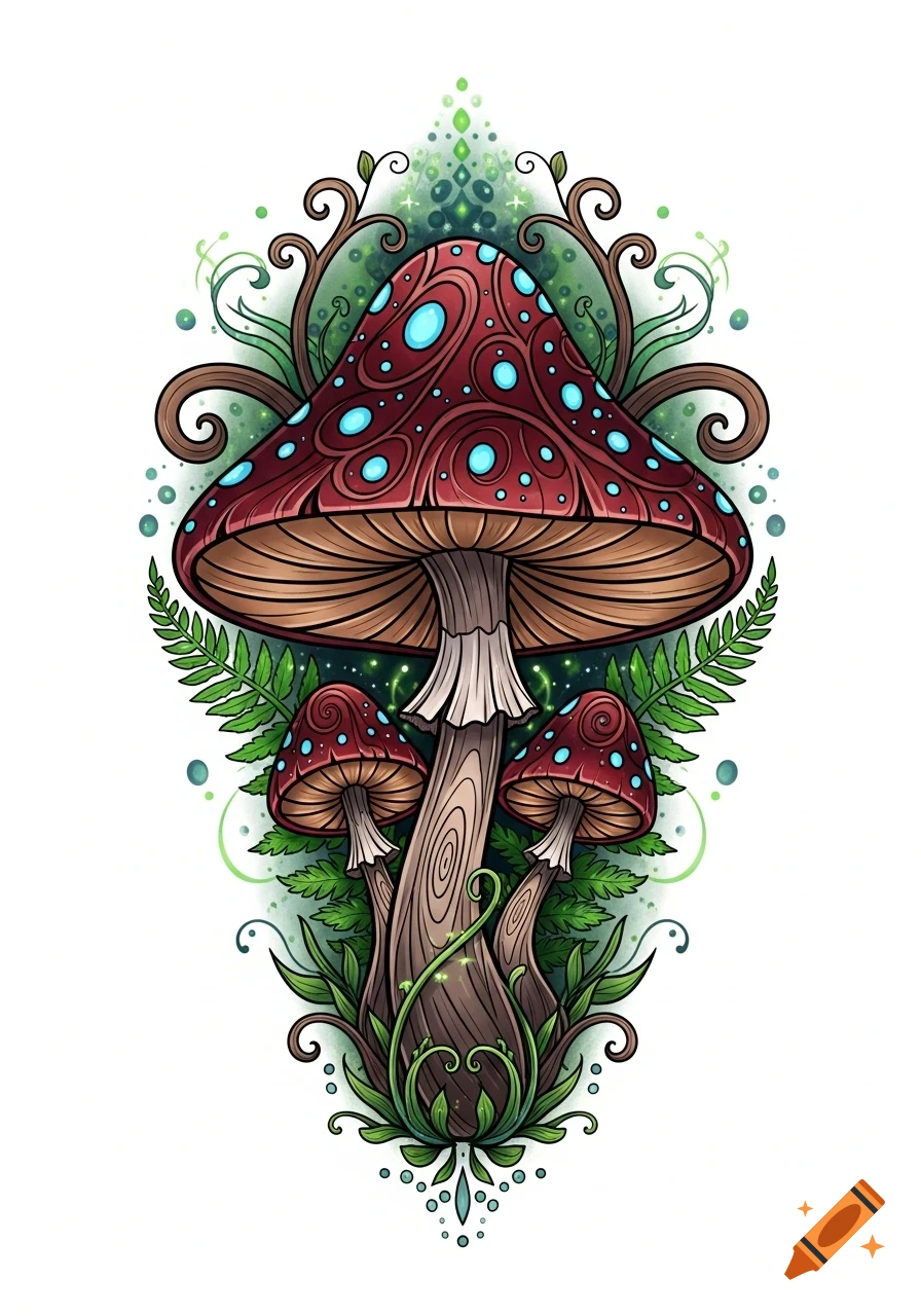 Stylized illustration of three red and blue spotted fantasy mushrooms among green ferns and swirling tendrils, with ethereal wisps.
