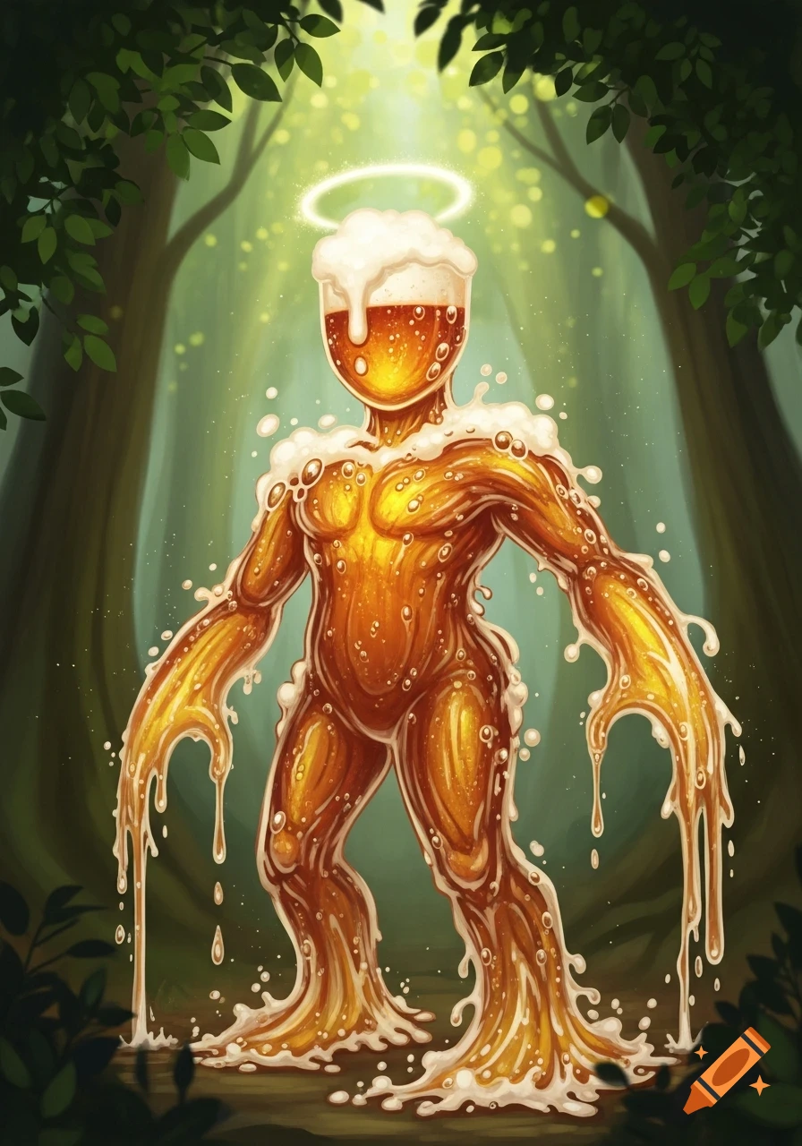 Illustration of a humanoid beer elemental with a foam head and glowing halo, dripping liquid in a mystical forest.
