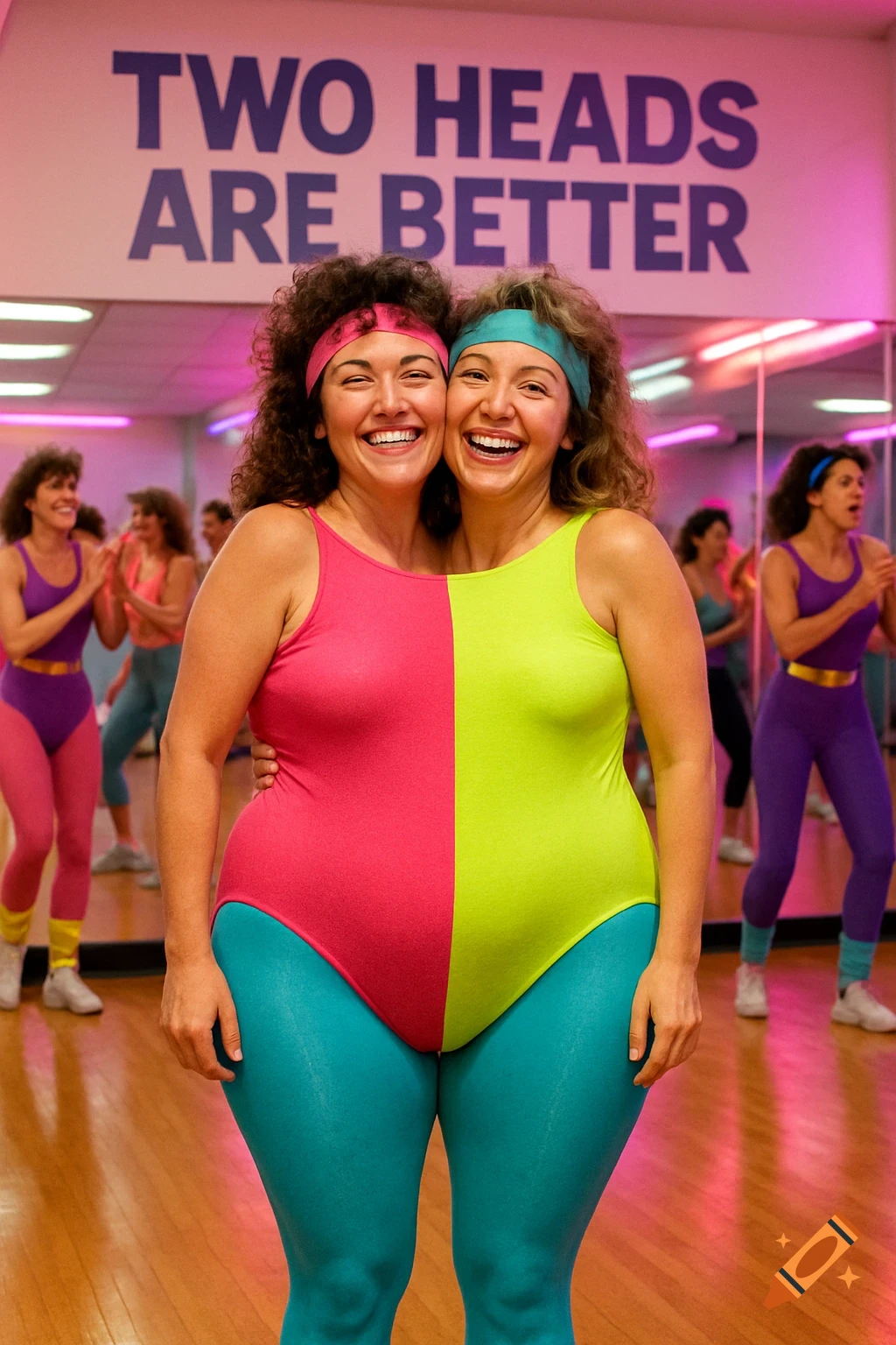 Two women, appearing conjoined in one pink and neon green leotard and blue tights, laugh during an 80s aerobics class. Text on the wall reads "TWO HEADS ARE BETTER".