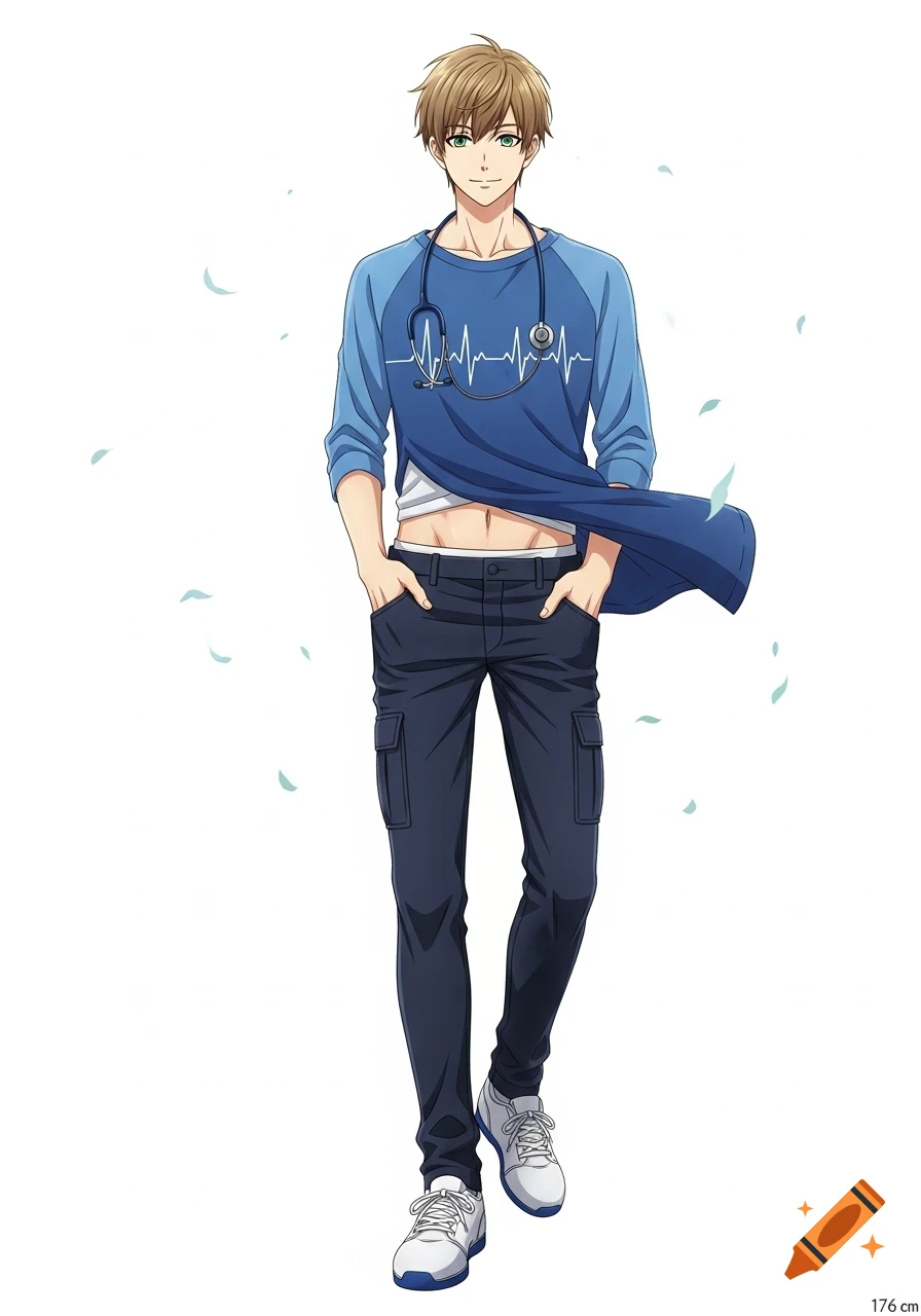Anime style young man with light brown hair, green eyes, smiling, wearing a blue shirt, dark cargo pants, and a stethoscope. His shirt is lifted, exposing his midriff.