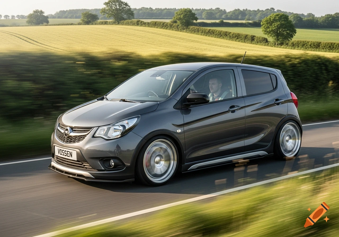 A dark grey Opel Karl Rocks car with Vossen wheels drives on a country road with motion blur, photorealistic.