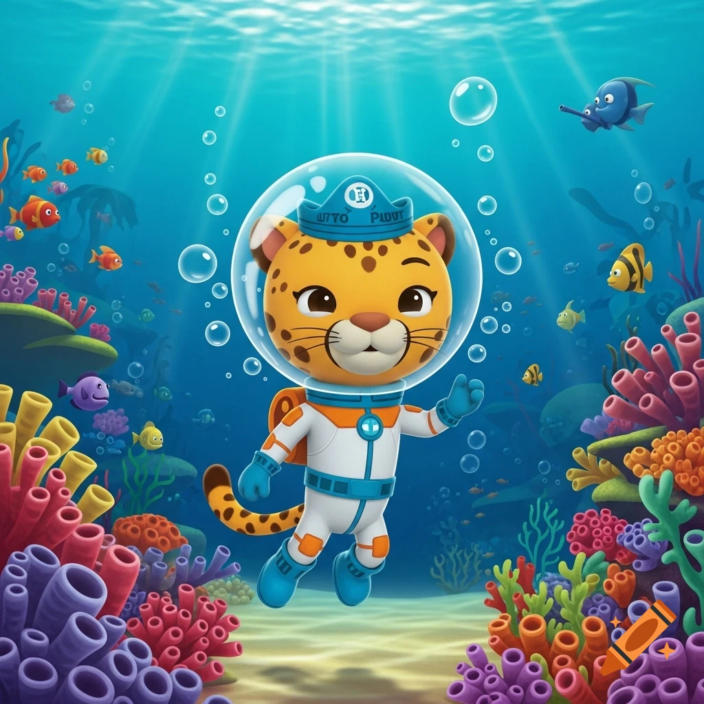 A cartoon cheetah in an astronaut-like diving suit floats underwater amidst colorful coral reefs and fish.