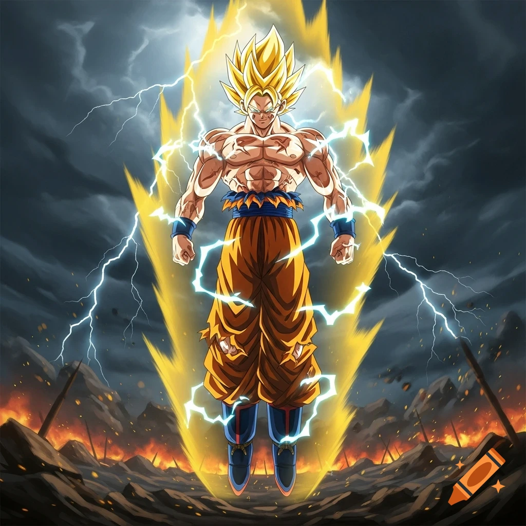 Super Saiyan Goku powers up amidst golden energy and lightning in a devastated landscape under a stormy sky, in an anime art style.