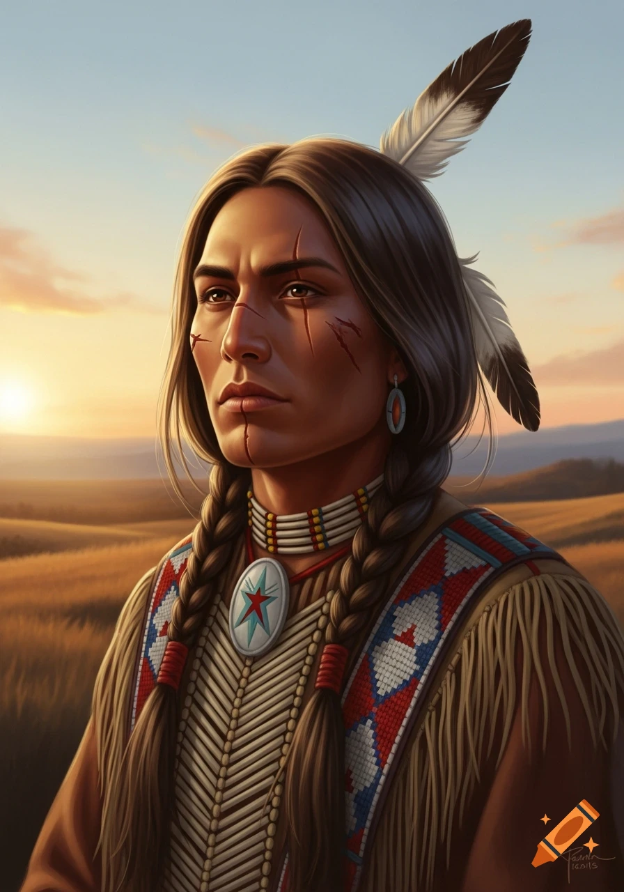 Digital art portrait of a young Native American man with braids, a feather, and traditional attire, stoic against a sunset field.