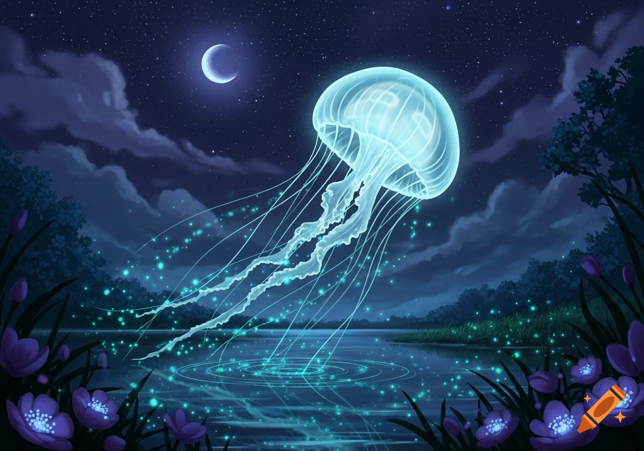A luminous jellyfish floats above a calm lake under a starry night sky with a crescent moon, surrounded by glowing flowers.
