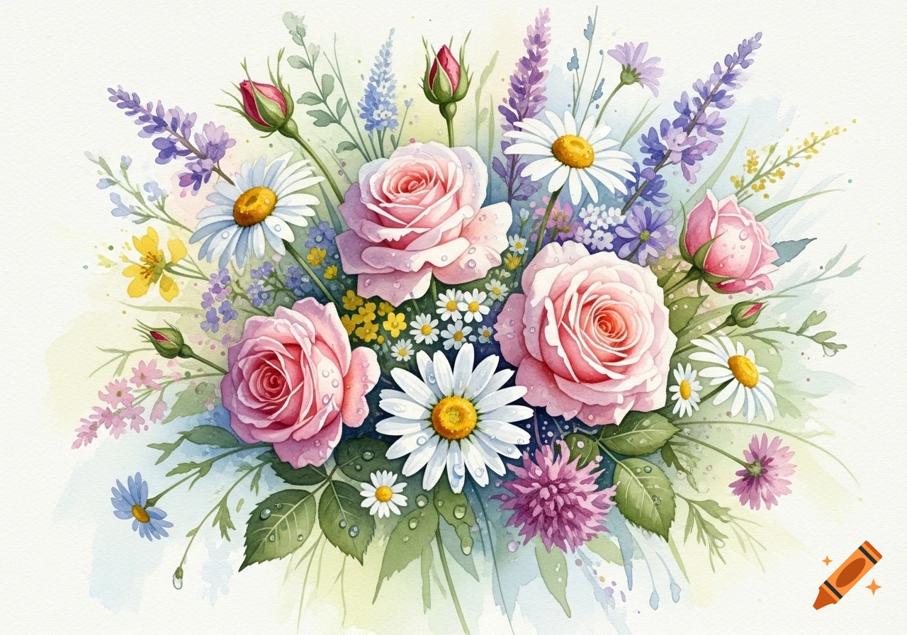 Vibrant watercolor bouquet featuring pink roses, white daisies, and purple lavender with green leaves and water droplets.