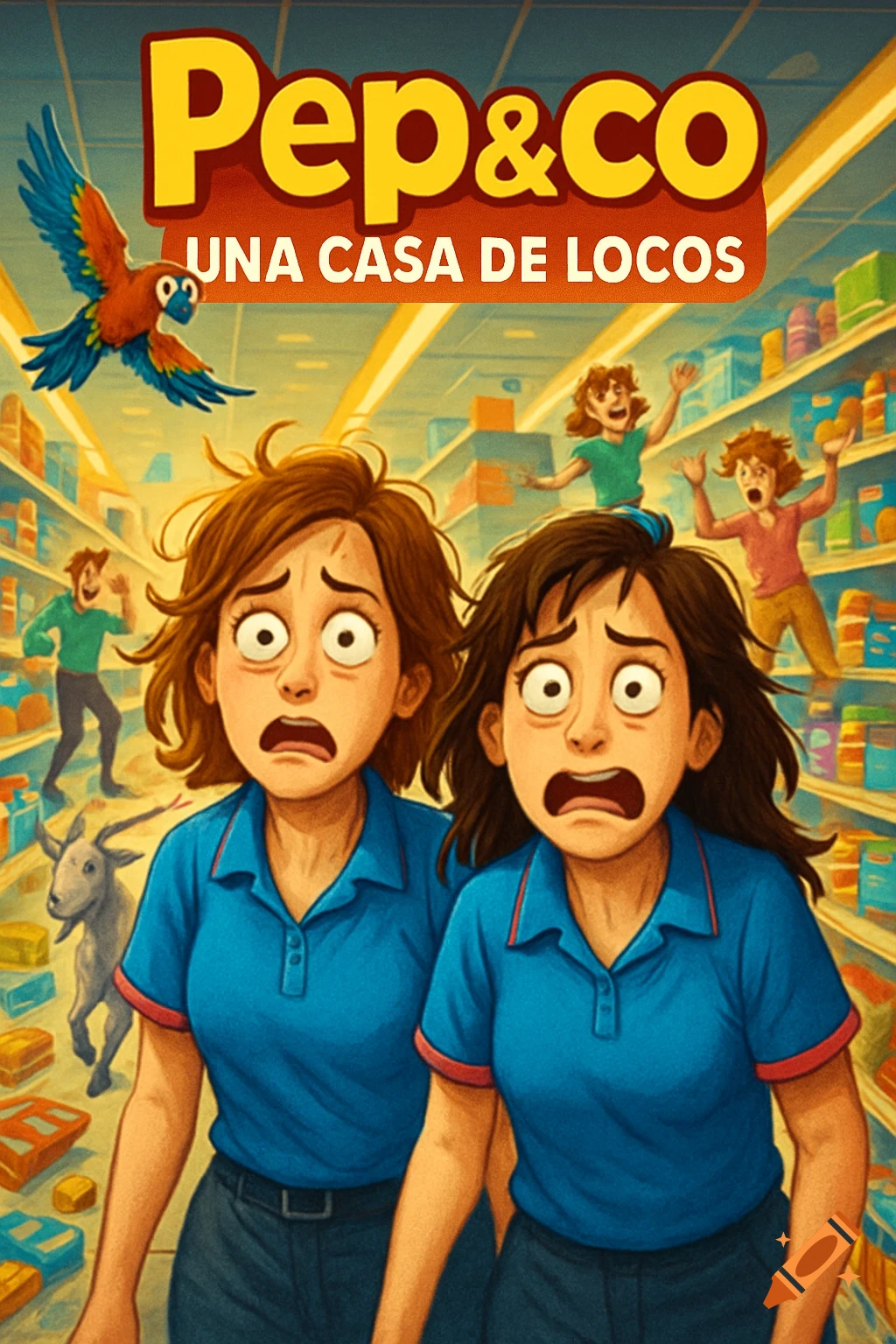 Cartoon movie poster for 'Pep&co' showing two overwhelmed female supermarket employees amidst a chaotic store with a parrot, goat, and dancing customers.