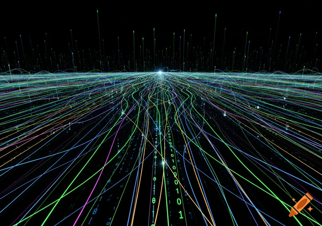 Abstract digital art with colorful glowing lines and binary code flowing from a bright central light on a black background.