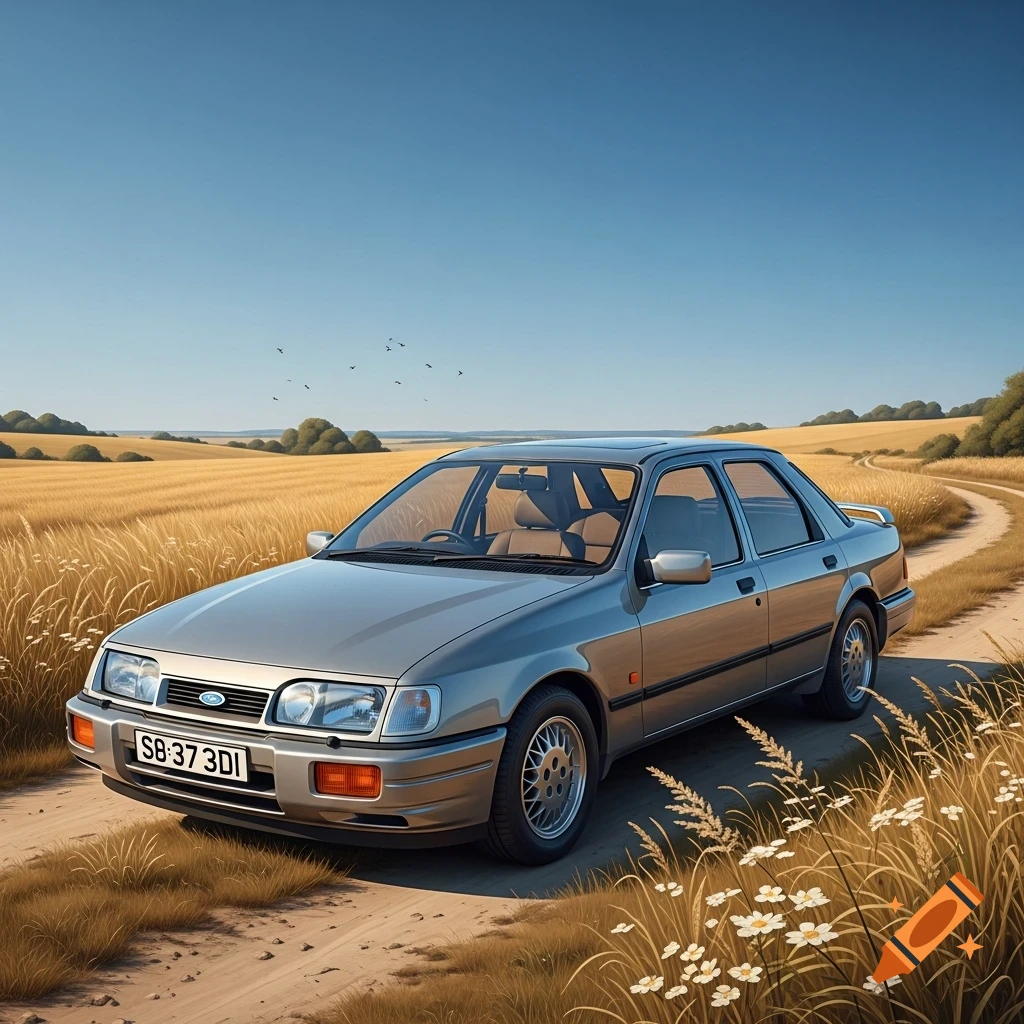 A silver Ford Sierra sedan is parked on a dirt road in a golden wheat field under a clear blue sky.