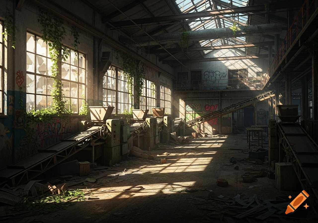 Sunlight streams into a large, abandoned factory with broken windows, overgrown vines, machinery, and graffiti on the walls.
