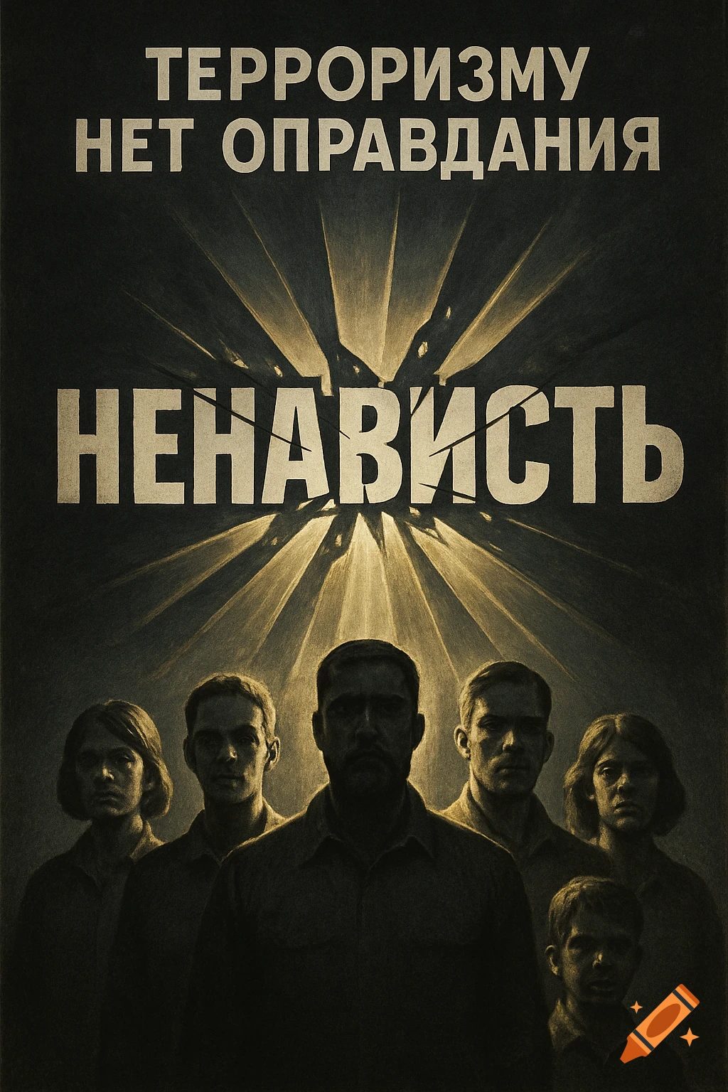 Dark anti-terrorism poster with Russian text reading 'Terrorism has no justification' and a cracked 'Hatred' above serious people.