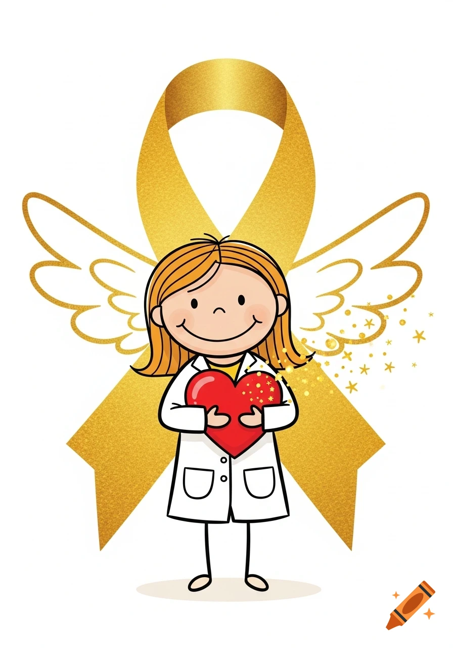 A childlike drawing of a smiling girl in a white doctor's coat, holding a red heart with golden stars. A golden awareness ribbon frames her like a halo.