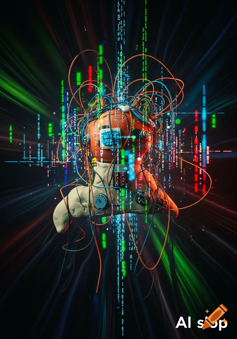 A stylized clay-like figure entangled in colorful wires, with digital code falling in the background. The text 'AI slop' is in the lower right.