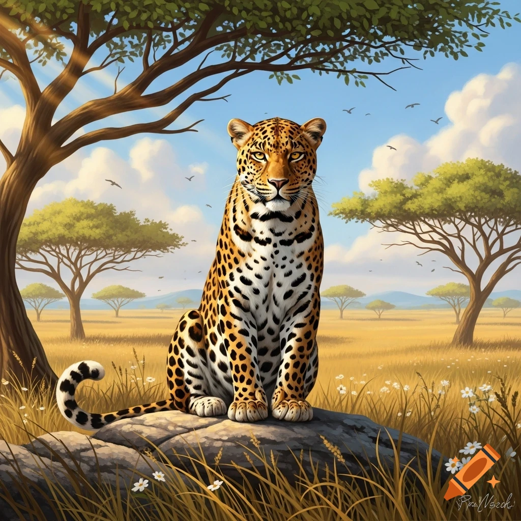 Illustrative leopard sitting on a rock in a golden savanna with acacia trees under a blue sky.