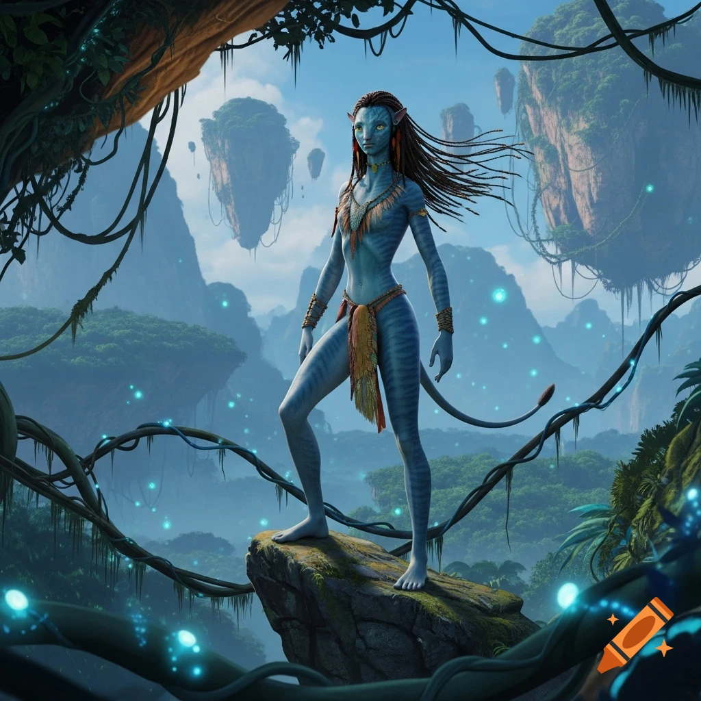 A blue Na'vi character stands on a rock in a lush alien jungle with floating islands and glowing flora, in a photorealistic style.