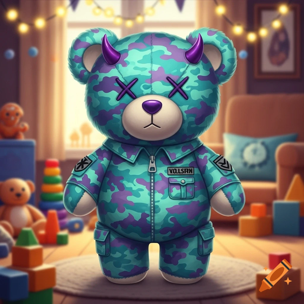 A turquoise and purple camo teddy bear with purple devil horns and X-shaped eyes stands in a child's room with toys.