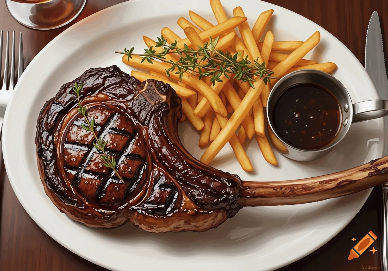 Photorealistic tomahawk steak with grill marks, served on a white plate with golden french fries and a side of sauce.
