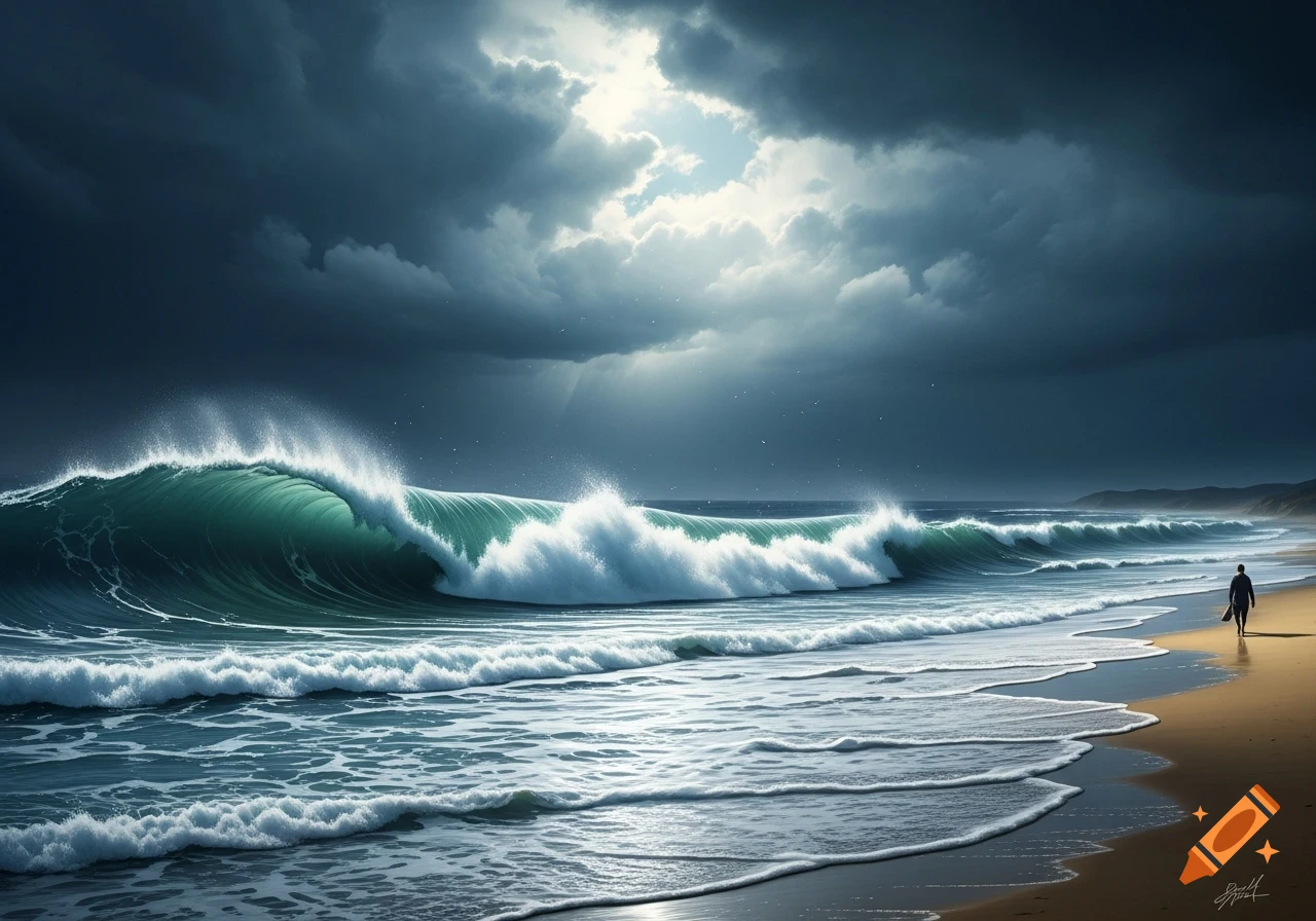 Dramatic seascape with large teal waves crashing on a sandy beach under a dark, stormy sky, with a lone figure walking.