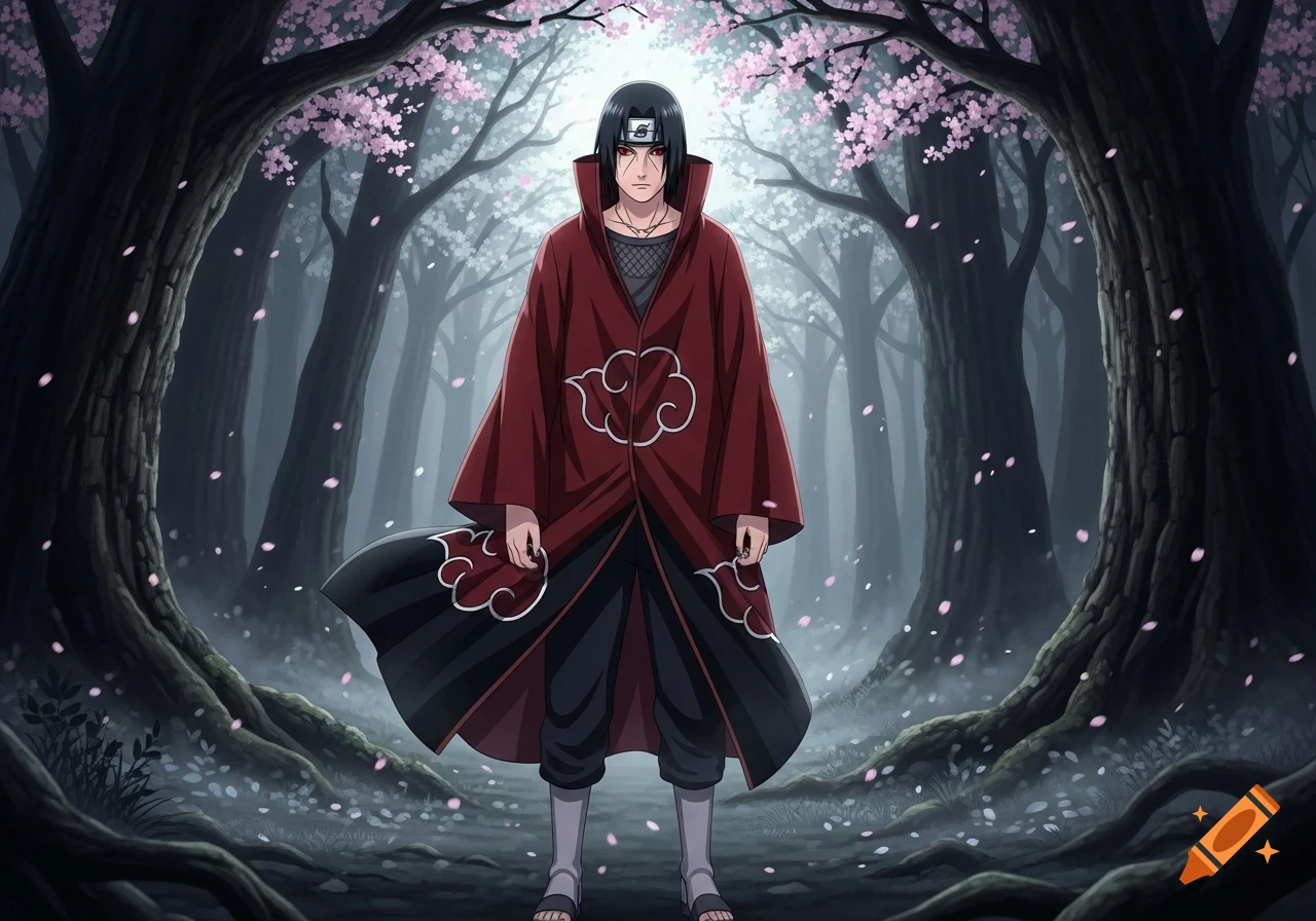 Anime character Itachi Uchiha stands in a dark forest filled with pink cherry blossoms, looking directly forward.