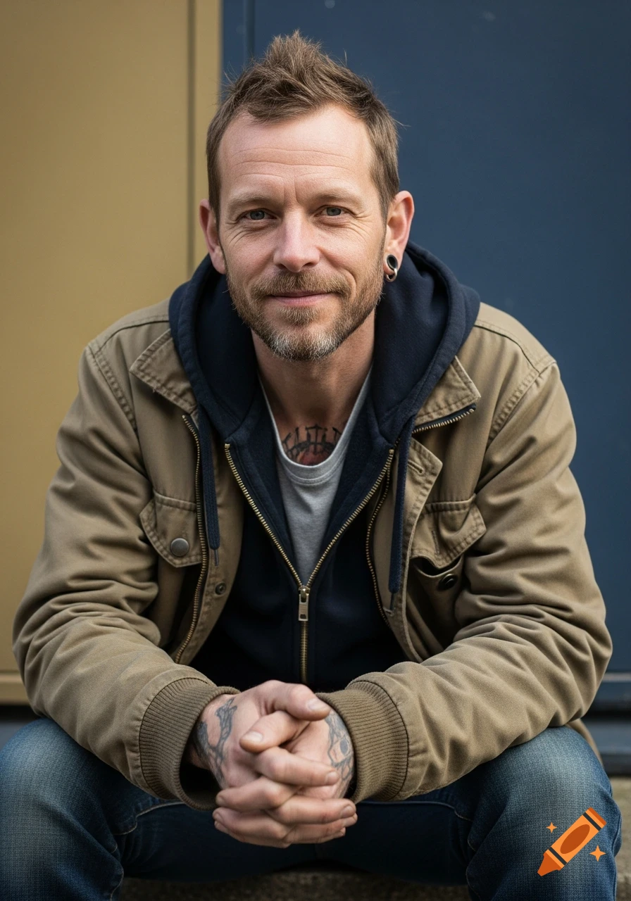 Photorealistic portrait of a man with a beard, tattoos, and gauges, wearing a hoodie and jacket, against a two-tone background.