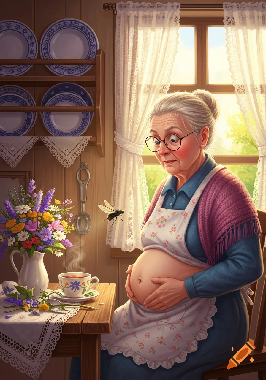 Illustrated old lady with a bare, swollen belly looking at a fly in a cozy kitchen with flowers, tea, and sunlight.