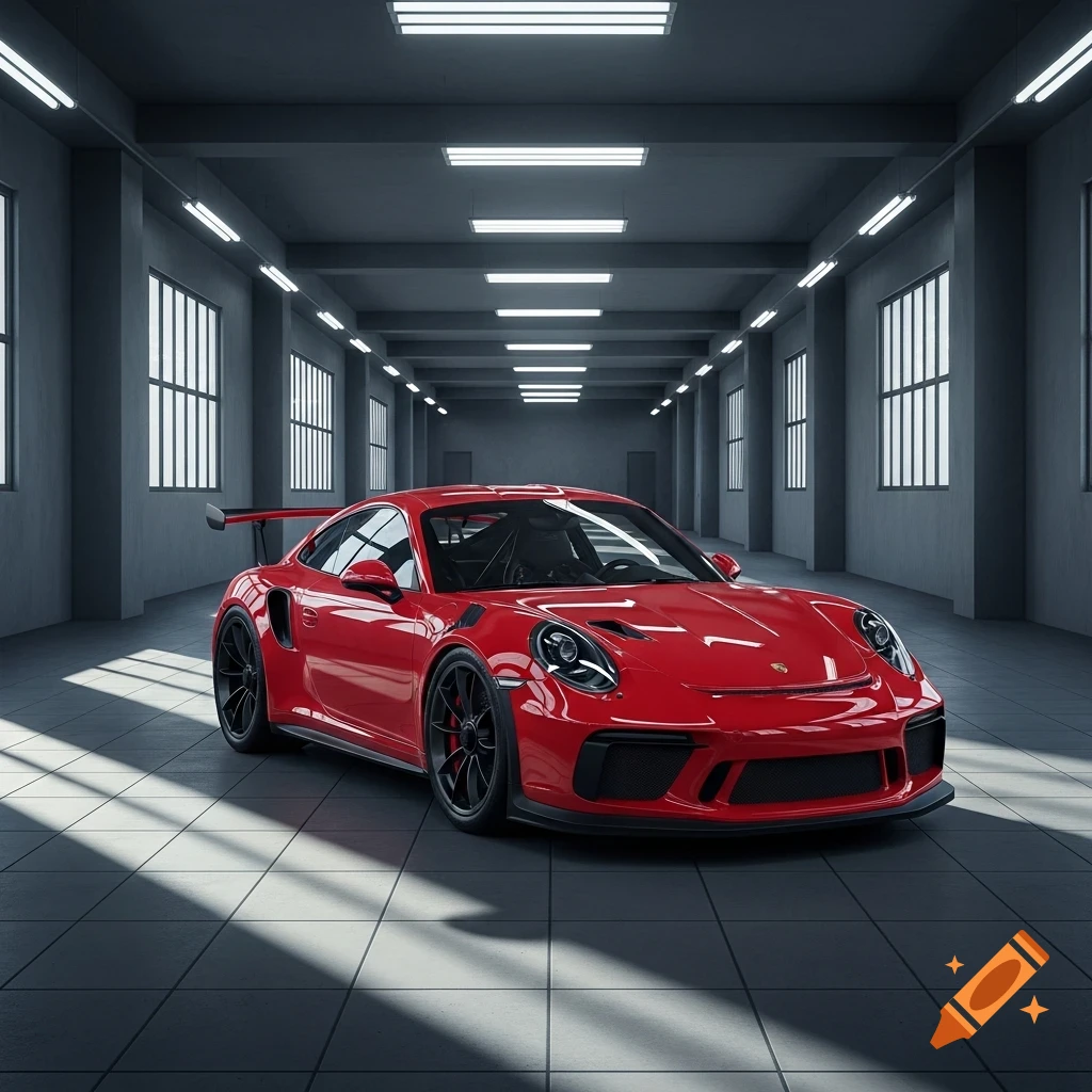 A red Porsche GT3 RS sports car is parked in a long, grey industrial garage with windows and fluorescent lighting.