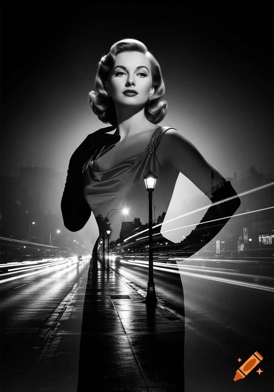 Black and white double exposure portrait of a glamorous 1950s woman with a night city street overlay.