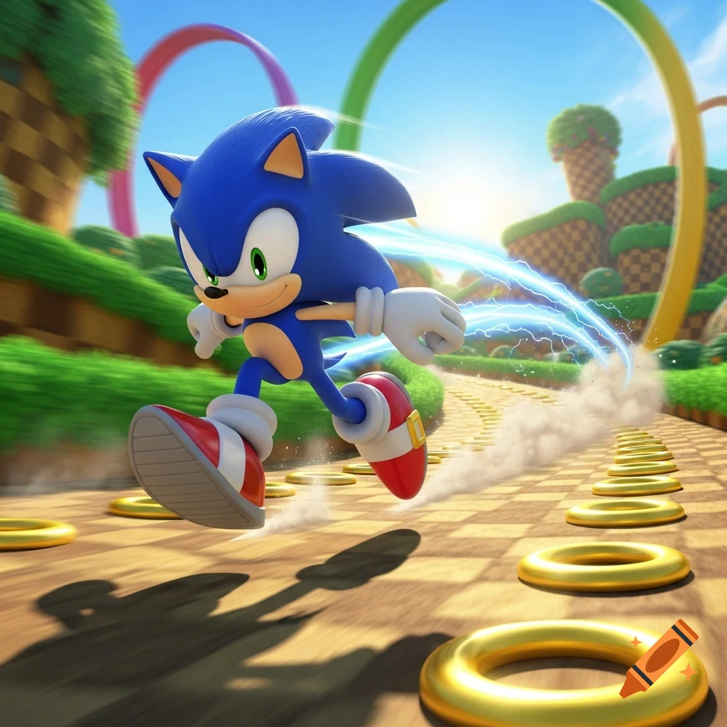 Sonic the Hedgehog speeds across a checkered path with gold rings and large colorful loops in a sunny green hill zone.