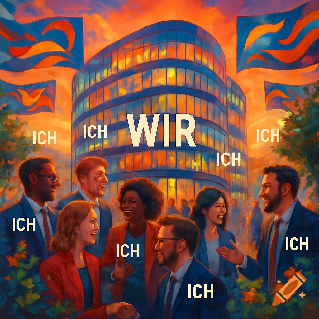 Painterly image of diverse smiling professionals in front of a modern building, with 'WIR' (we) and 'ICH' (I) text.