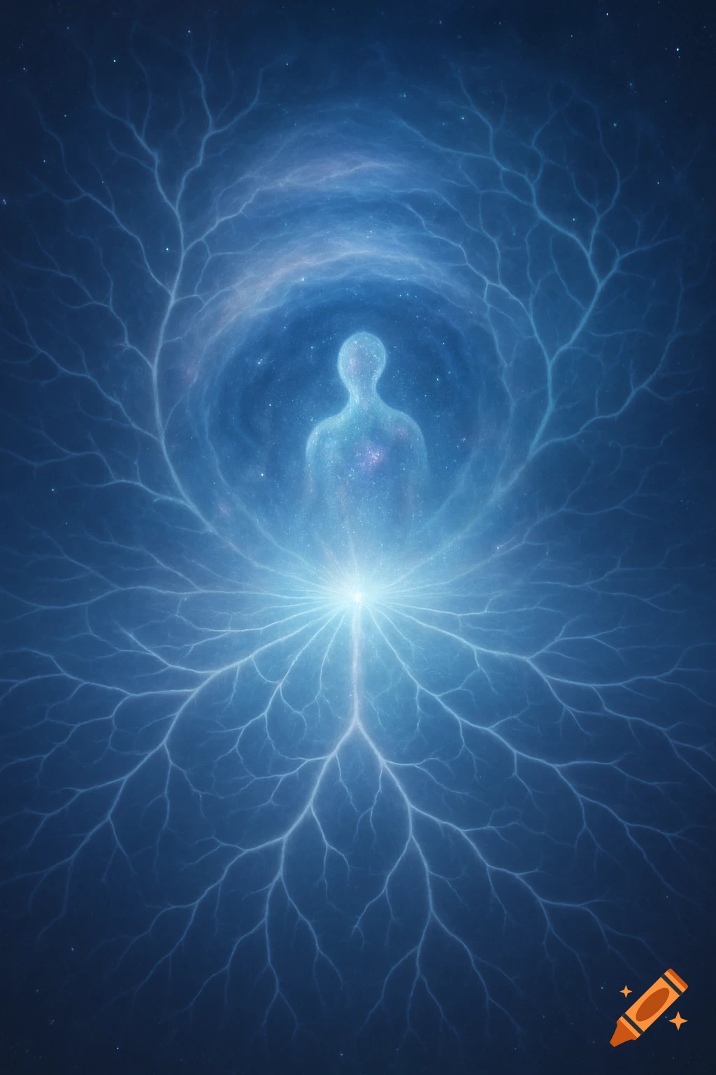 A glowing, ethereal human-like silhouette centered in a cosmic blue tunnel, with branching energy patterns extending outwards from a bright light below.