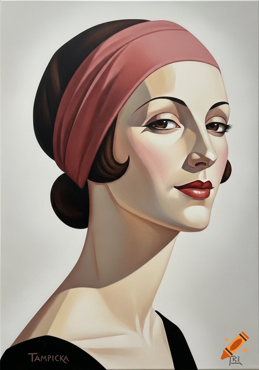 Geometric oil painting portrait of a woman in Art Deco style, wearing a pink headband and black top, looking right.