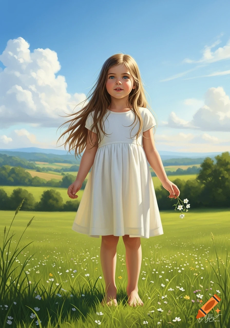 A young girl with long brown hair in a white dress stands barefoot in a sunny green meadow with flowers, holding small white blooms. Blue sky with clouds and rolling hills in the background, realistic style.