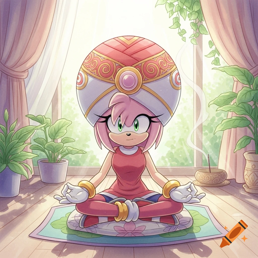 Amy Rose, a pink cartoon hedgehog, meditates in a yoga pose on a mat, wearing a large, ornate turban by a sunny window with plants. Anime style.