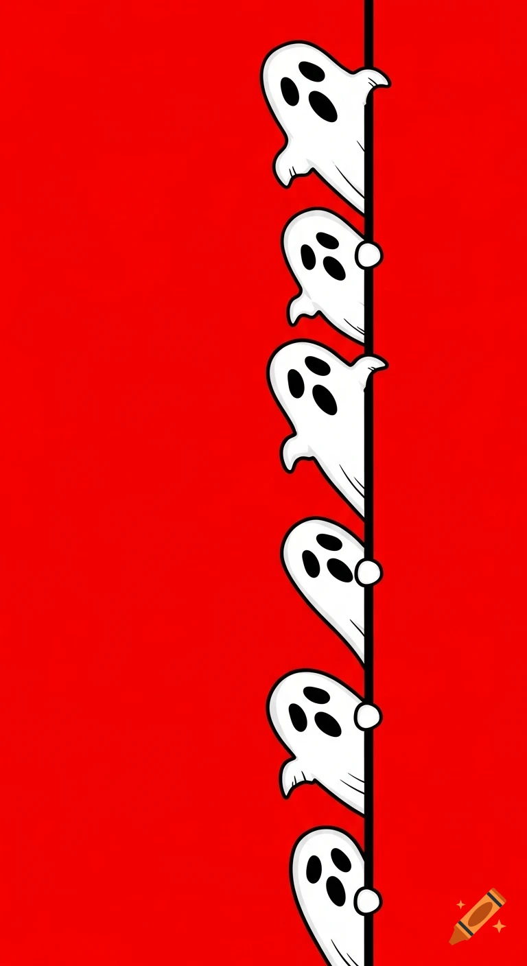 Cartoon ghosts with black eyes and mouths peek from behind a black vertical line on a solid red background.