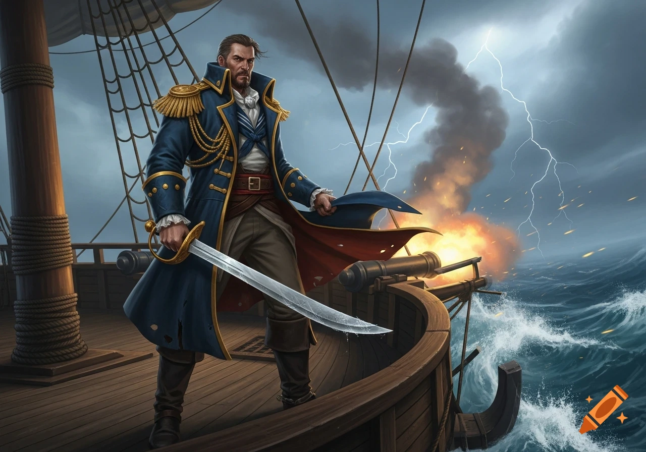 Fantasy art of a stern naval captain holding a cutlass on a storm-tossed ship with cannon fire and lightning.