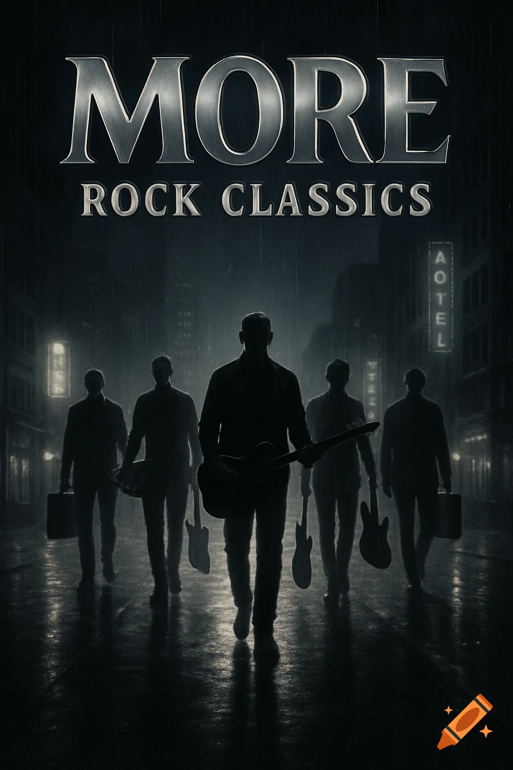 Five silhouetted men, some holding guitars and briefcases, walk down a dark, rainy city street at night under text reading "MORE ROCK CLASSICS".