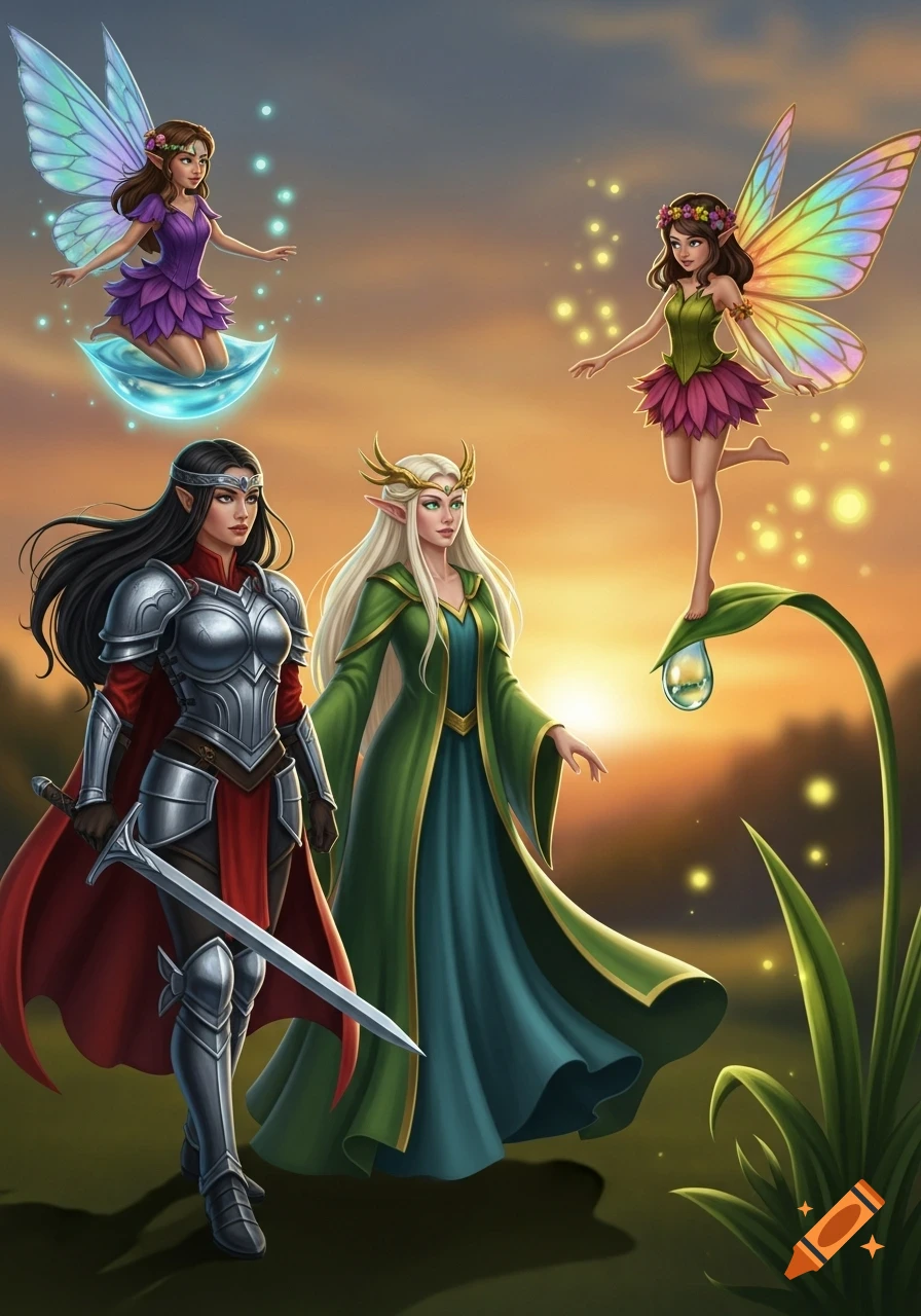 Two fairies, one on a moon and one on a leaf, and two elf-like women, one warrior and one in green, in a vibrant fantasy sunset scene.