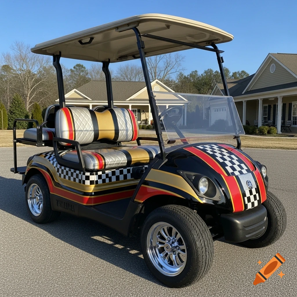 Photorealistic custom Yamaha golf cart with a black, gold, red, and silver checkered and striped paint scheme.