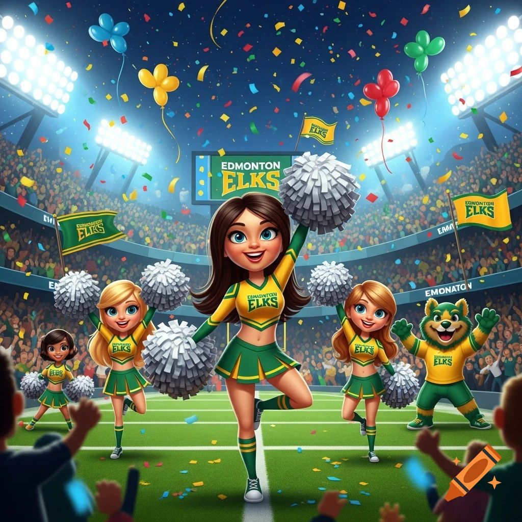 A vibrant cartoon illustration of cheerleaders and a mascot performing in a packed sports stadium under a shower of confetti and balloons.