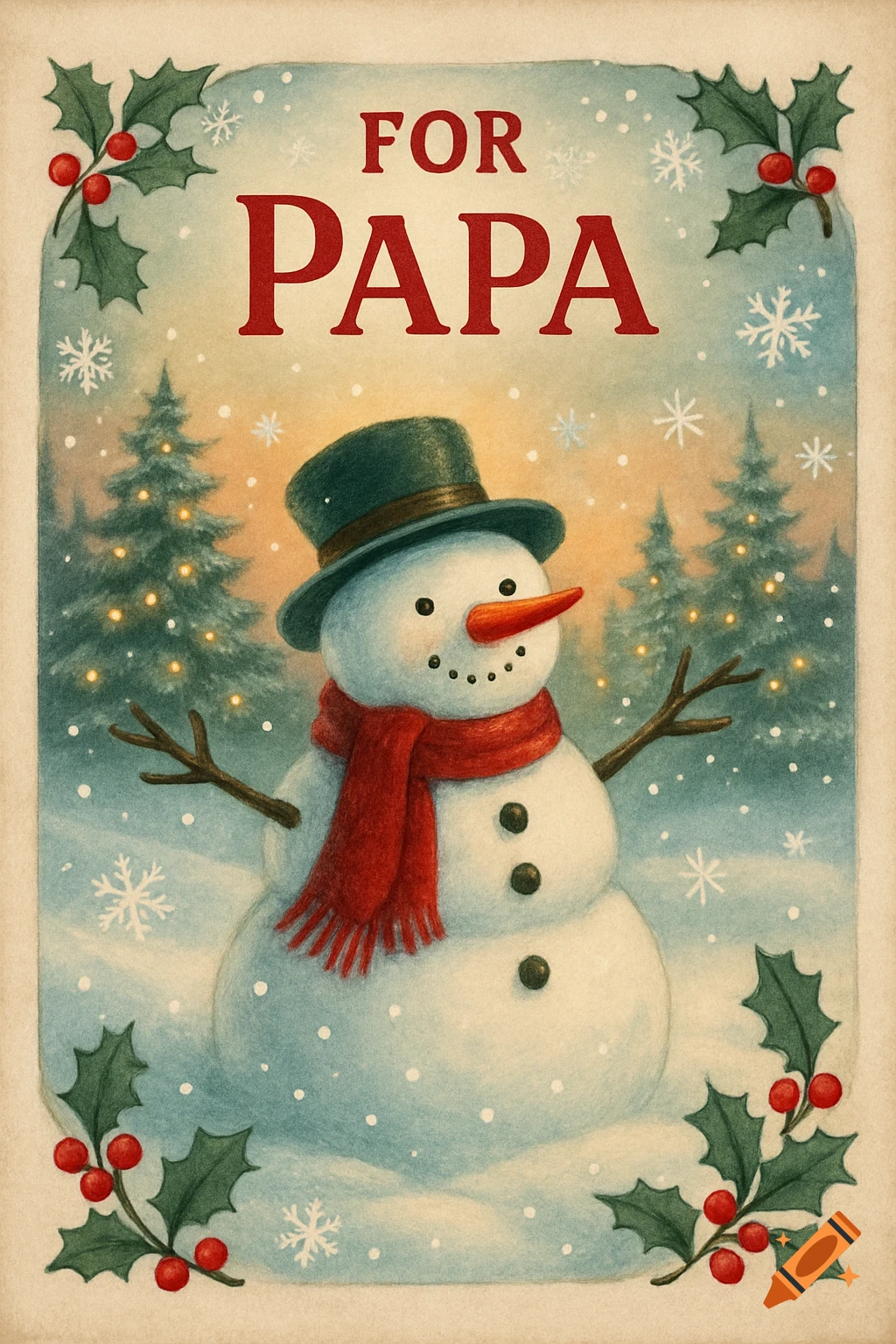 A friendly snowman wearing a top hat and red scarf in a snowy scene with Christmas trees and holly, with text 'FOR PAPA' in a charming illustration style.