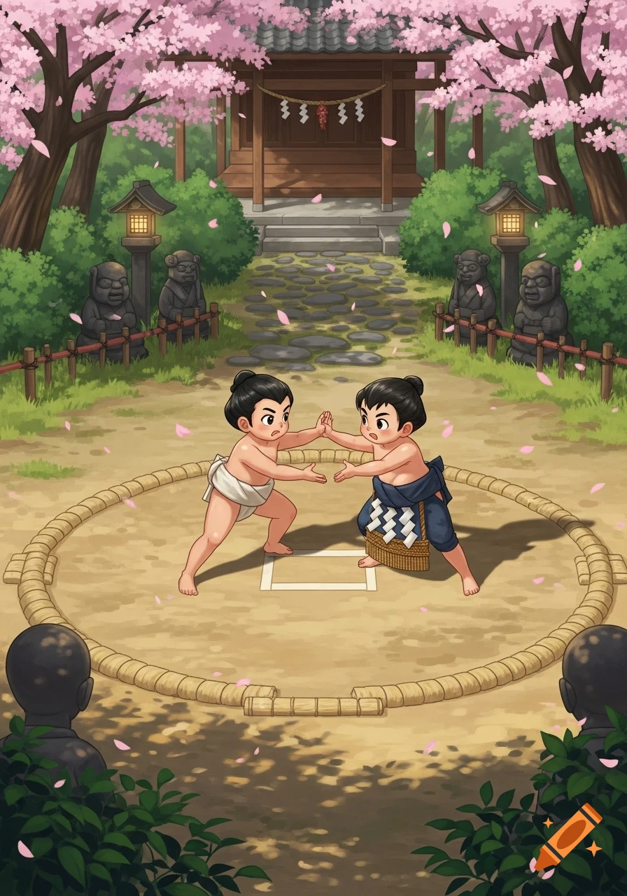 Two cartoon children in sumo attire face off in a traditional Japanese shrine courtyard with cherry blossoms.