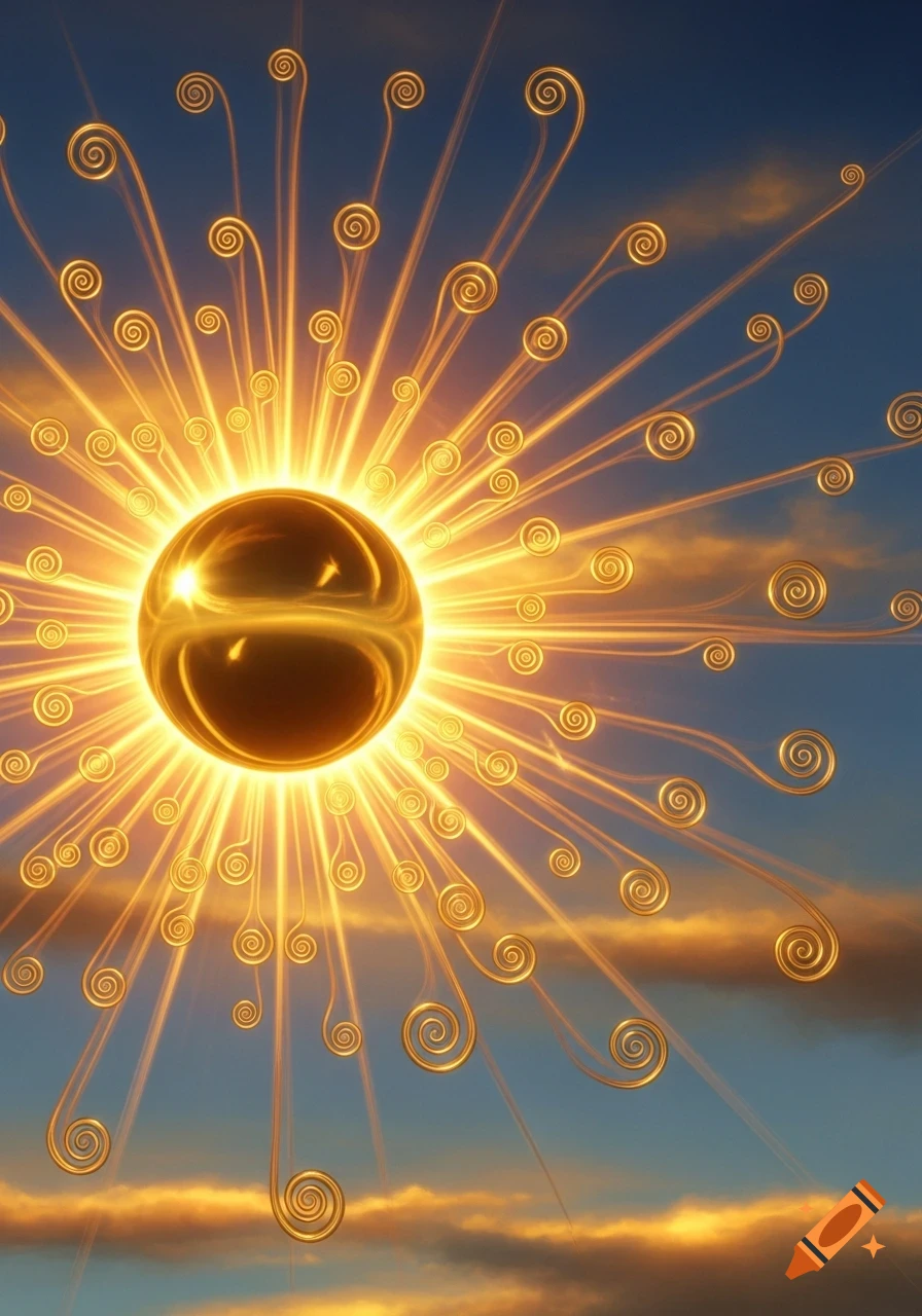 A stylized golden metallic sun emits glowing rays ending in ornate swirls against a blue and orange sky with clouds.