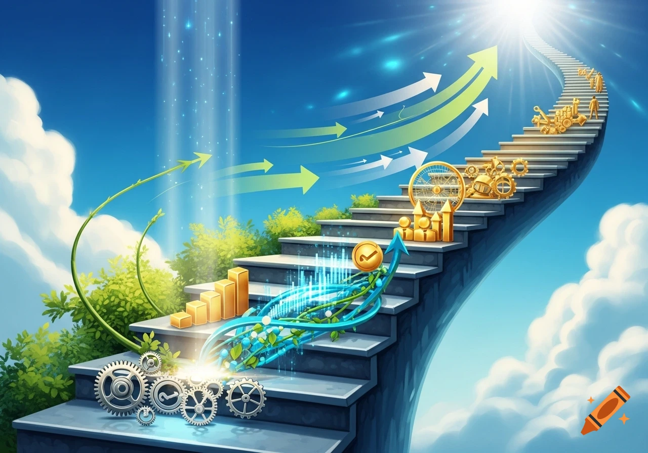 A winding staircase ascends into a bright sky, adorned with business icons, arrows, and figures, symbolizing career progression.