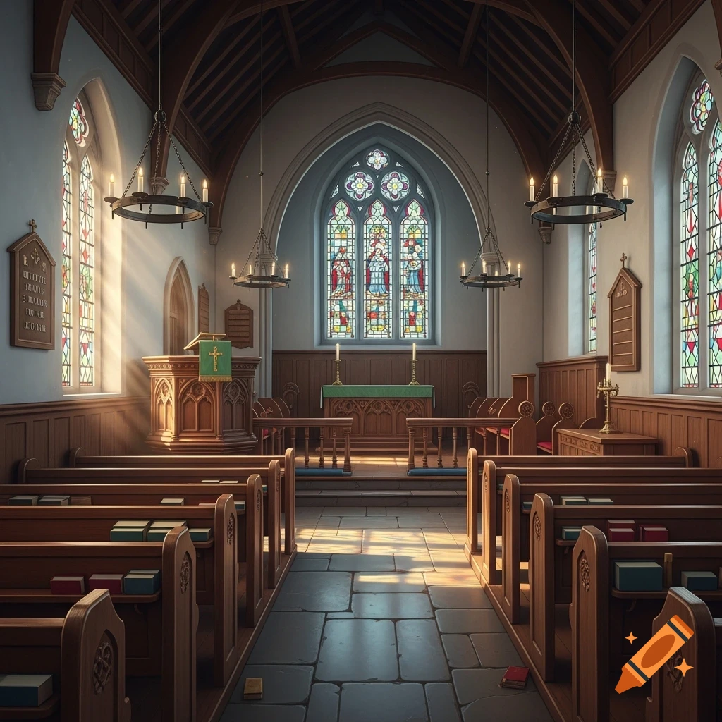 Interior view of an old village church with wooden pews, a pulpit, and stained glass windows, bathed in sunlight.