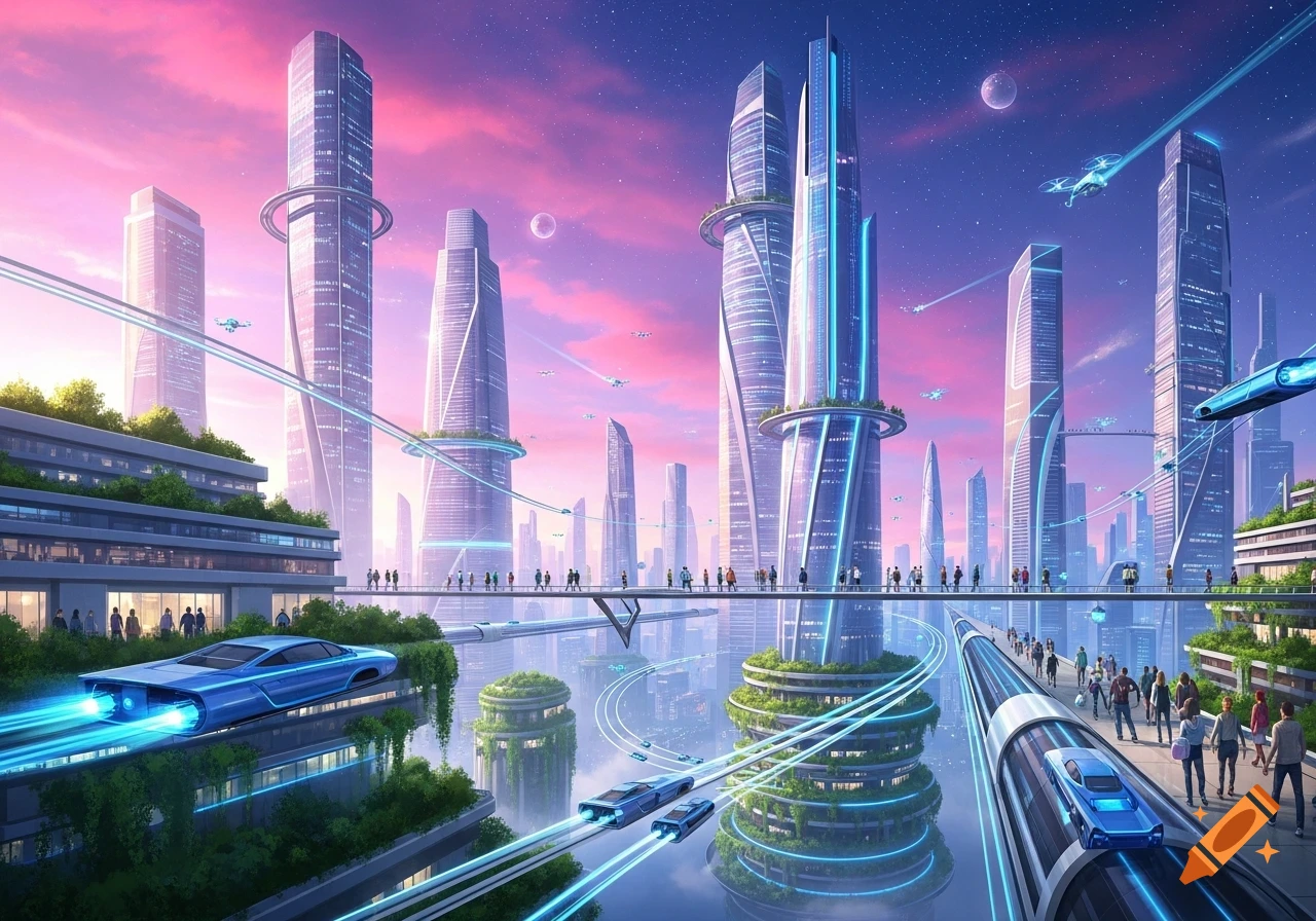 A vibrant futuristic city with tall, sleek skyscrapers, flying vehicles, and people on elevated walkways, all under a pink and purple sky.