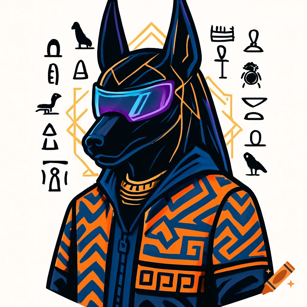 Stylized vector art of an Anubis-like dog head with a glowing futuristic visor, geometric gold lines, and a blue and orange streetwear jacket. Hieroglyphs float around it.