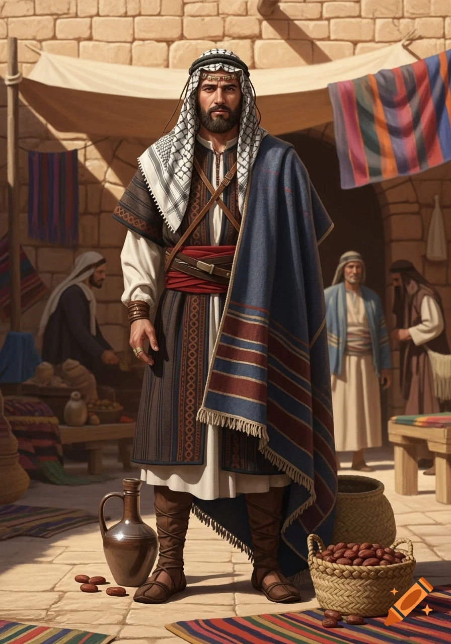 A bearded man in ancient Middle Eastern traditional clothing stands in a bustling marketplace with other people, a jug, and a basket of dates.