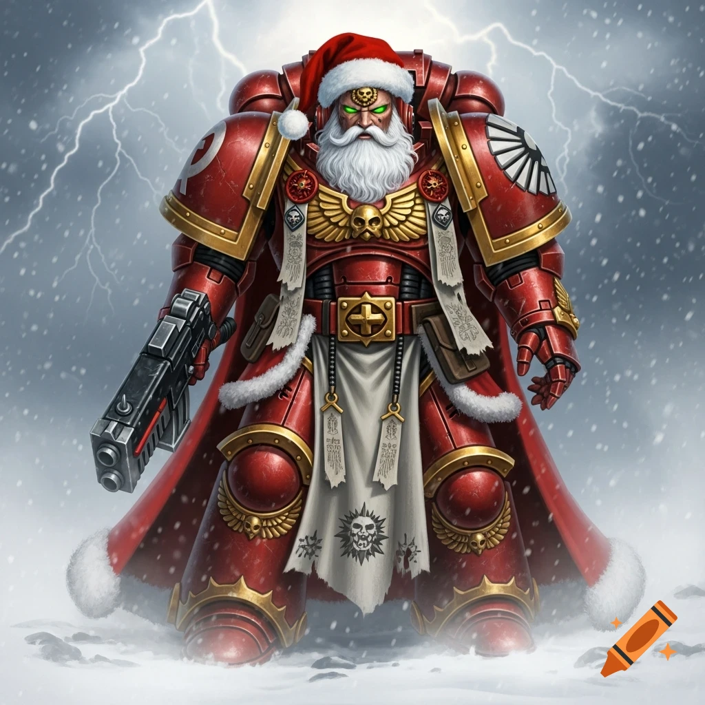 A Blood Angels Space Marine in festive red and gold armor, wearing a Santa hat and white beard, holding a gun in a snowy, stormy landscape.