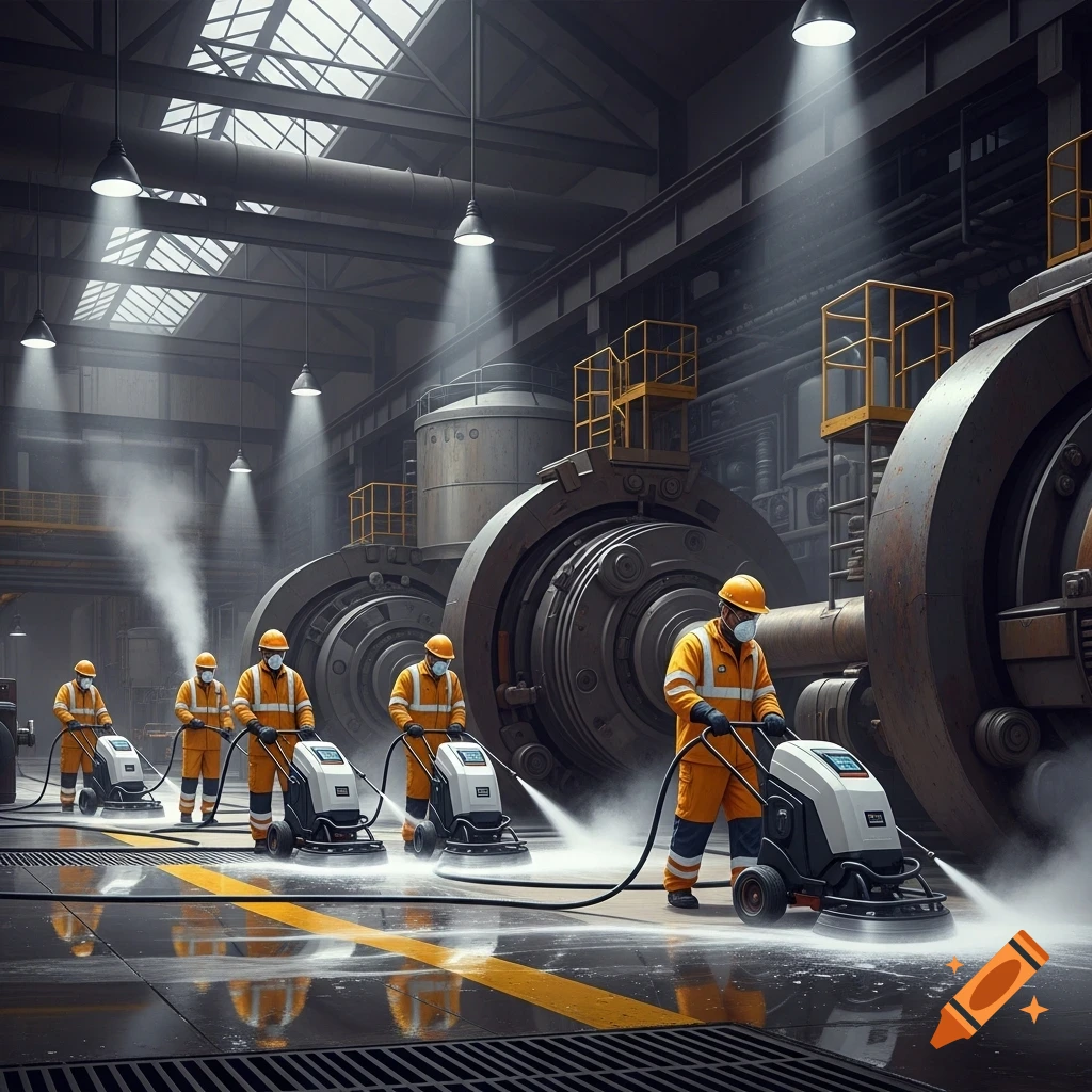 Photorealistic image of workers in orange safety suits and hard hats operating floor cleaning machines in a large industrial factory.