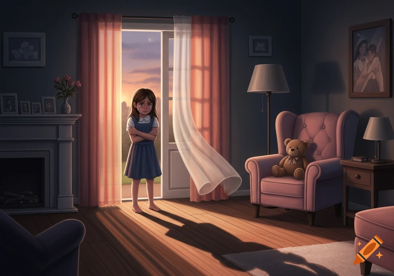 A crying young girl with brown hair stands barefoot in a dimly lit room, hugging her arms as sunset light streams through an open door.